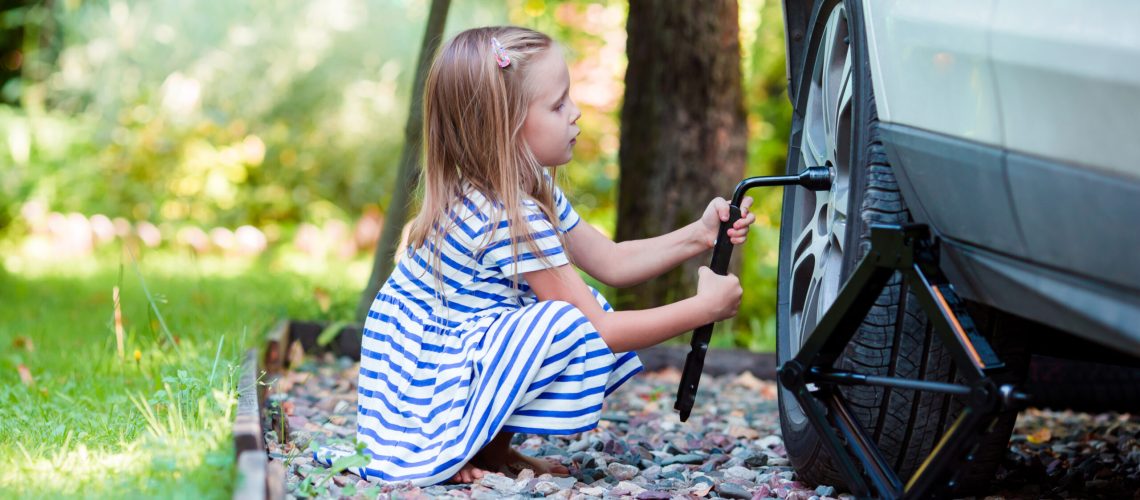 Adorable,Little,Girl,Changing,A,Car,Wheel,Outdoors,On,Beautiful